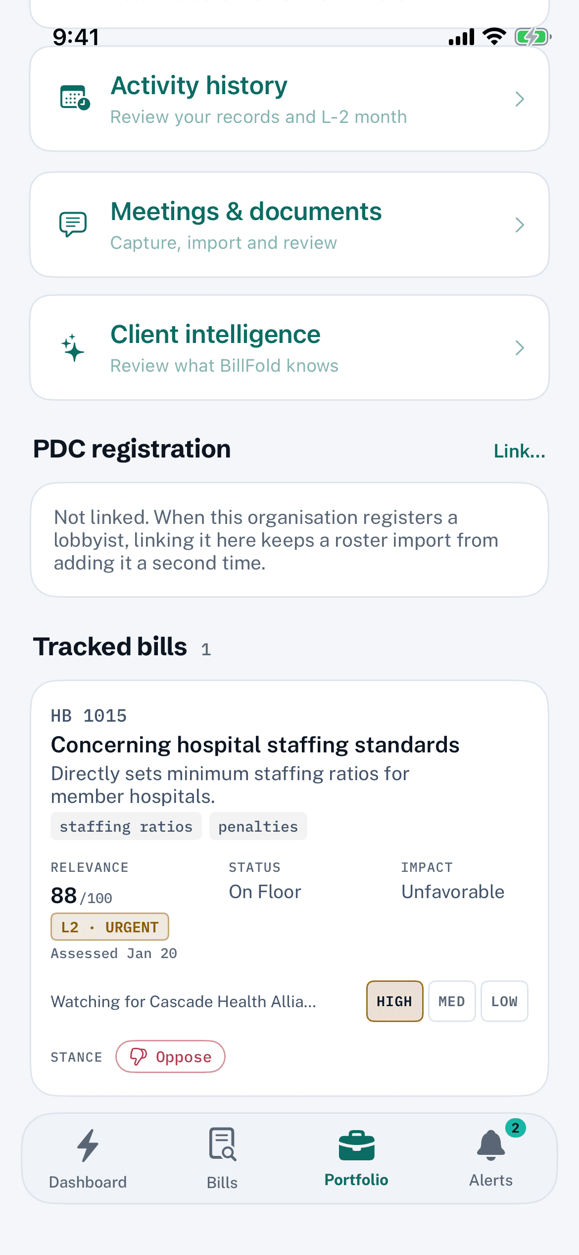 A client on iOS: a tracked bill with its relevance, status, impact, priority and the stance recorded for it